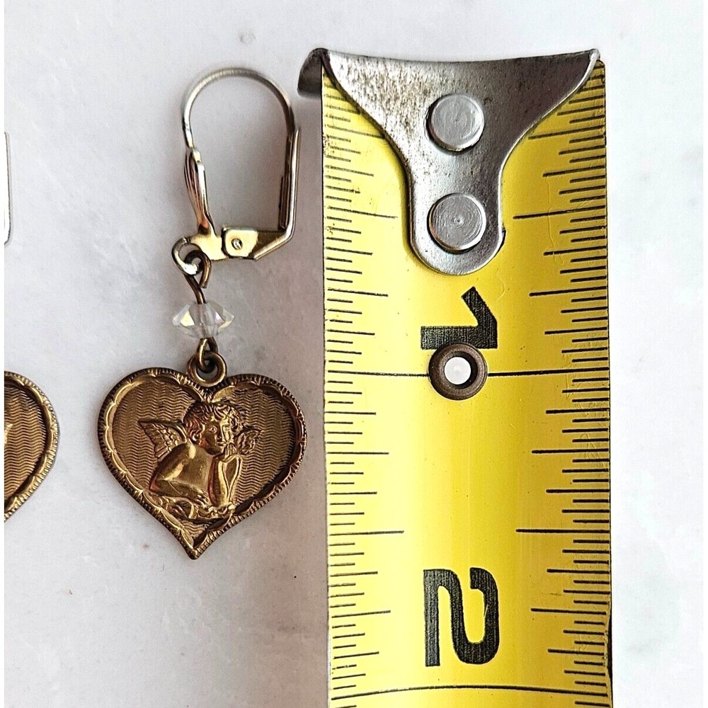Vtg Leverback Dangle Heart w/Cherub BrassTone Earrings Glass Crystal Bead Accent - Picture 4 of 4